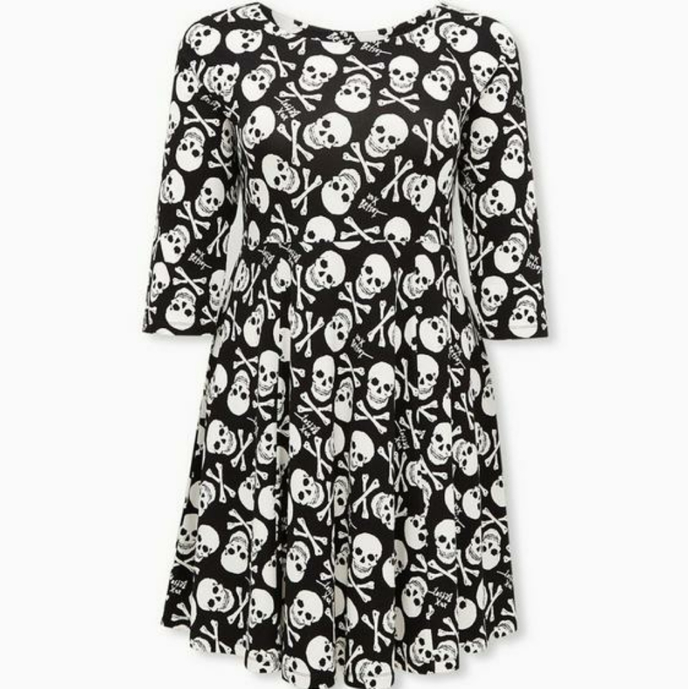 Betsey Johnson Black Skull & Bones Ponte Mini Skater Dress